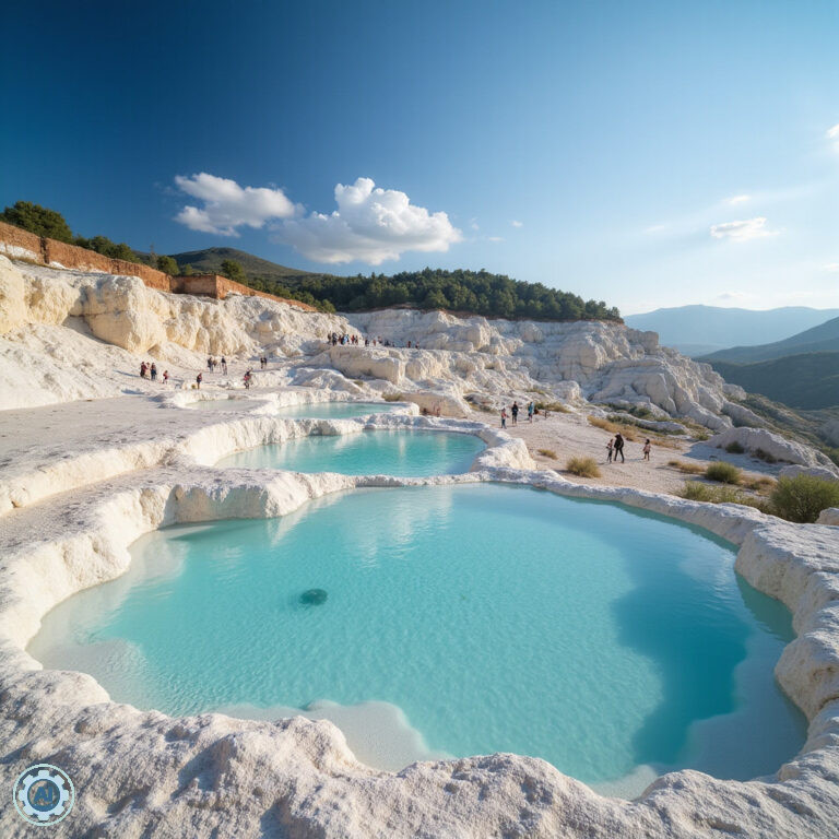Białe tarasy Pamukkale z turystami w tle, naturalne formacje wapienne