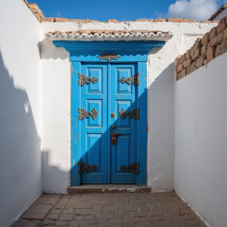 Białe uliczki Rabatu z niebieskimi drzwiami – tradycyjna architektura marokańska