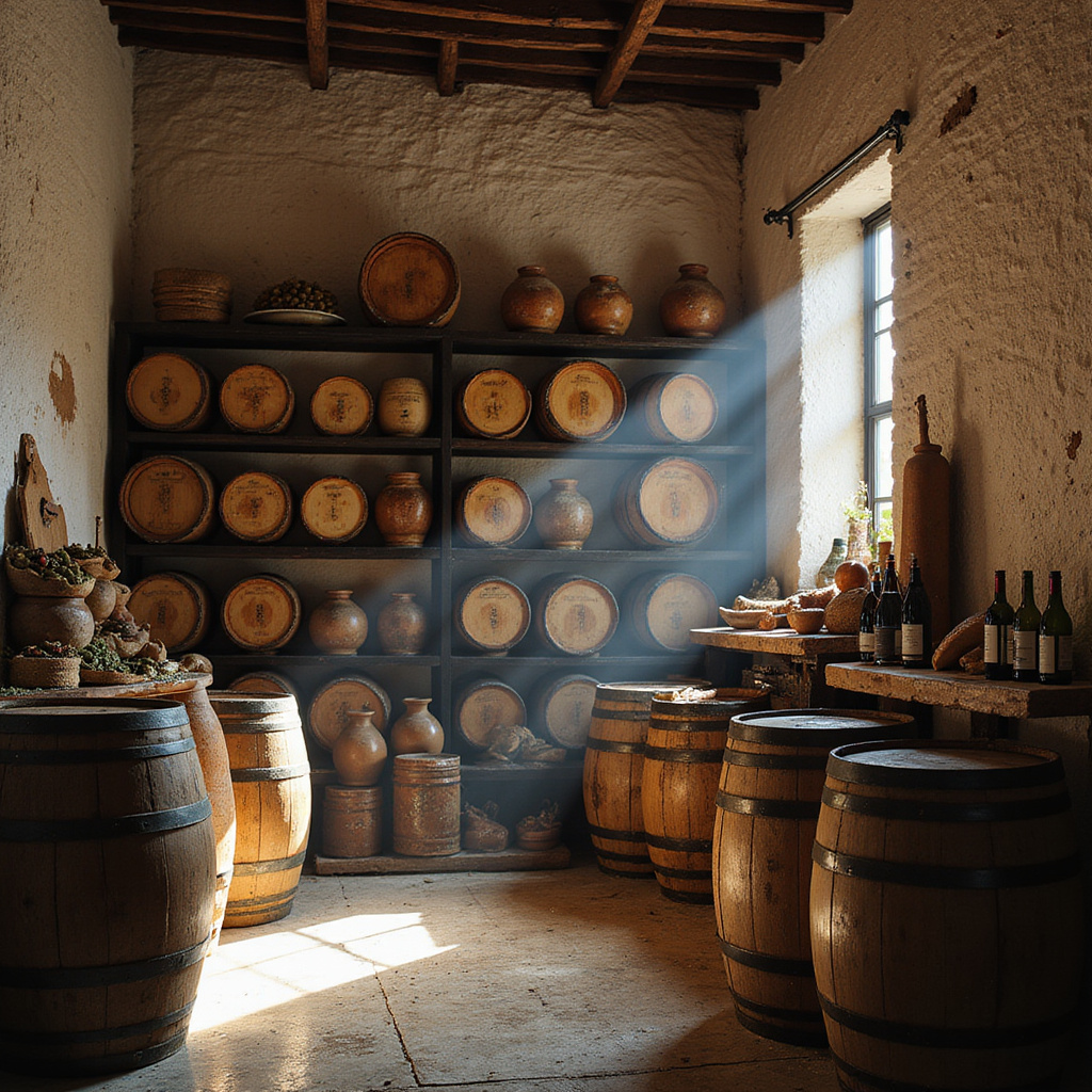 Wnętrze bodegi w Kadyksie z drewnianymi beczkami i lokalnymi przysmakami