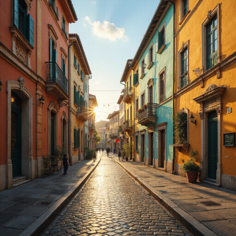 Brukowana uliczka w Lublinie prowadząca do Starego Miasta z kolorowymi kamienicami