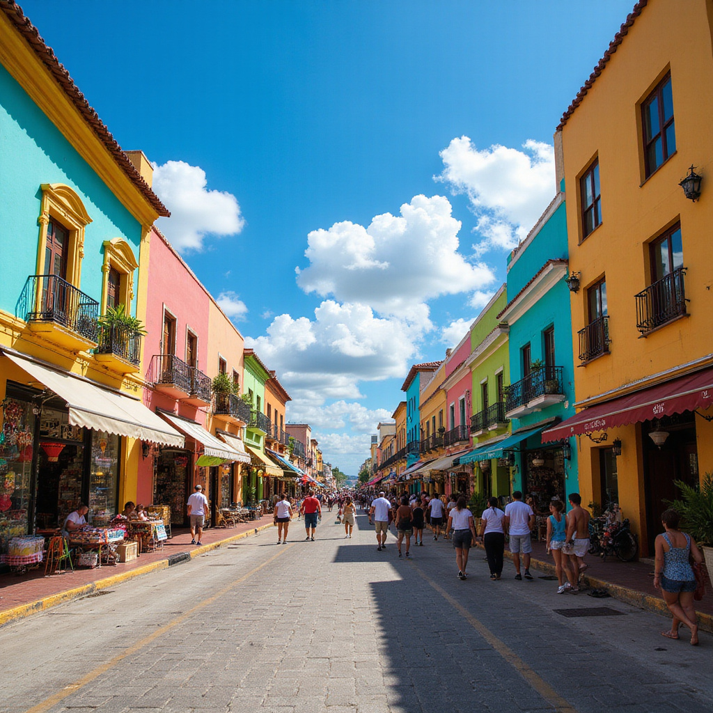 Ulica w centrum Cancún z kolorowymi budynkami i lokalnymi sklepami
