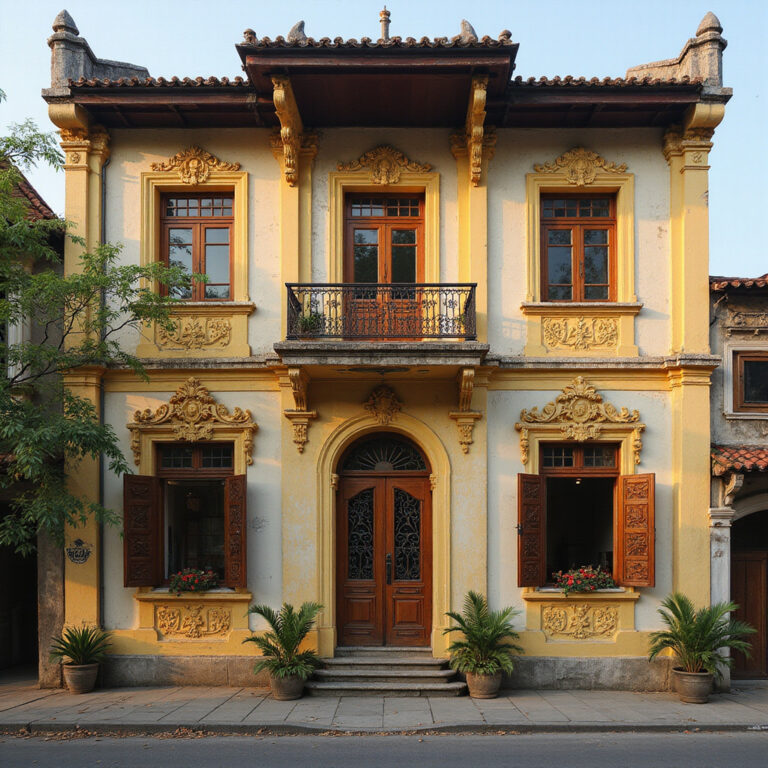 Fasada Domu Cổ Bình Thủy z kolonialnymi detalami i wietnamskimi ornamentami