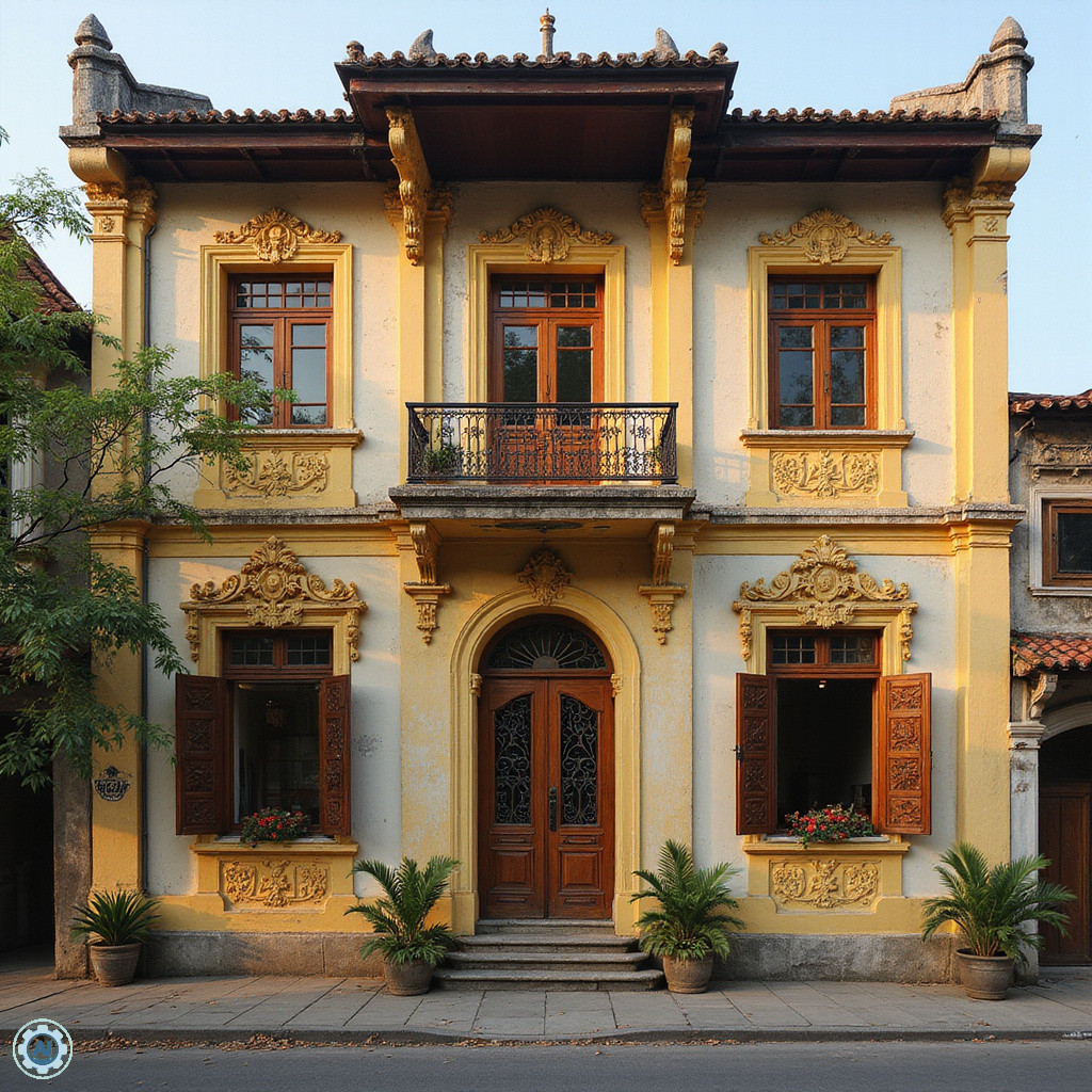 Fasada Domu Cổ Bình Thủy z kolonialnymi detalami i wietnamskimi ornamentami