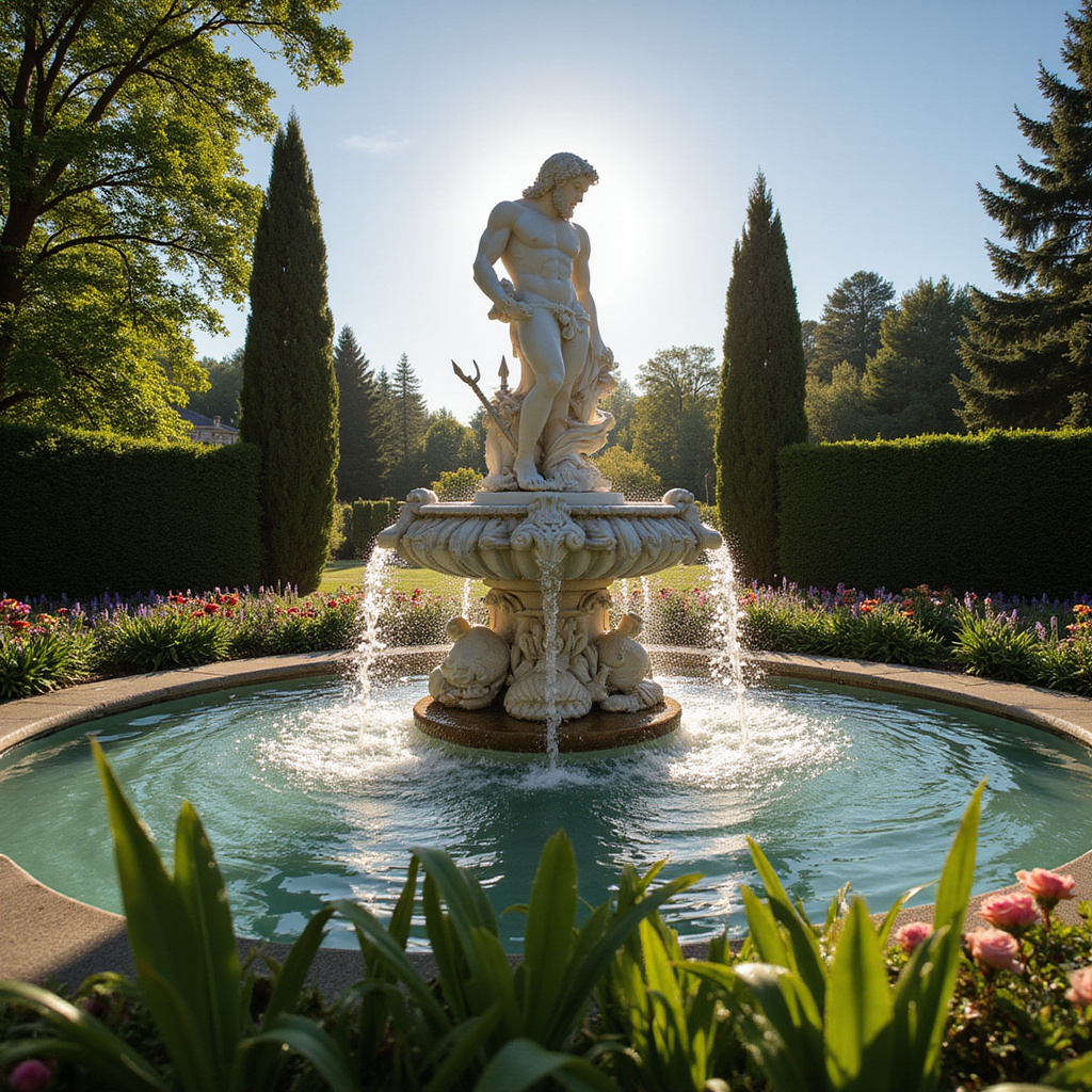 Fontanna Neptuna w Ogrodach S'Hort del Rey otoczona zielenią