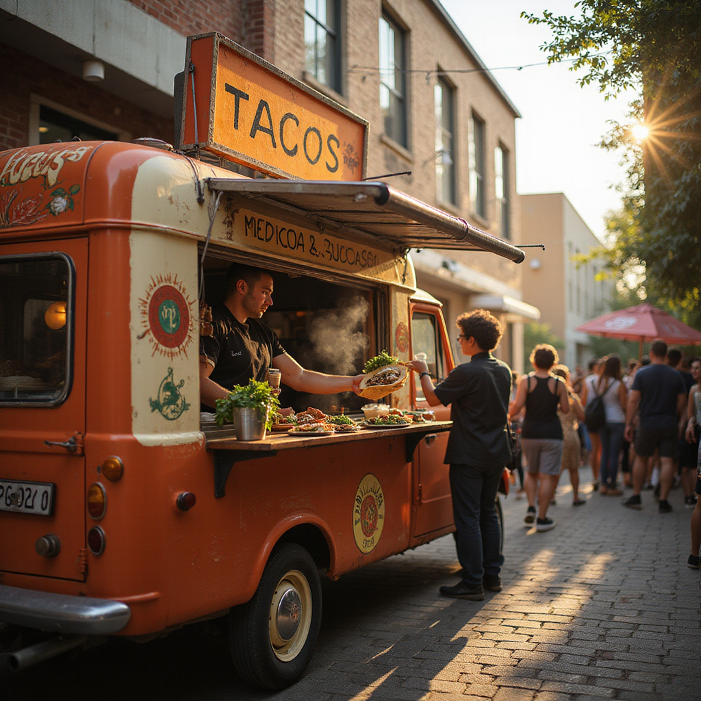 Food truck serwujący tacos w wąskiej uliczce Melbourne, tłum ludzi w tle