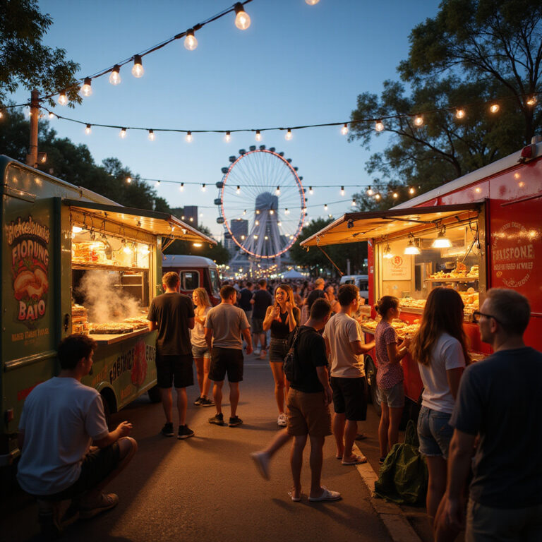 Food trucki w Brisbane serwujące aromatyczne dania na ulicy przy South Bank Parklands
