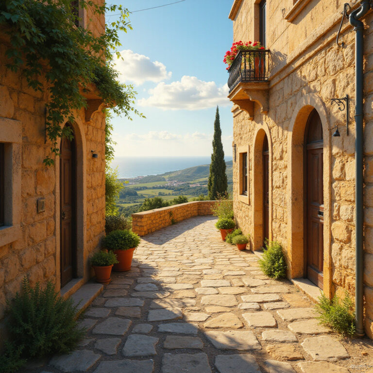 Uliczka na Gozo z widokiem na tradycyjne gospodarstwo, gdzie powstaje gbejniet - aromatyczne pastwiska i słońce