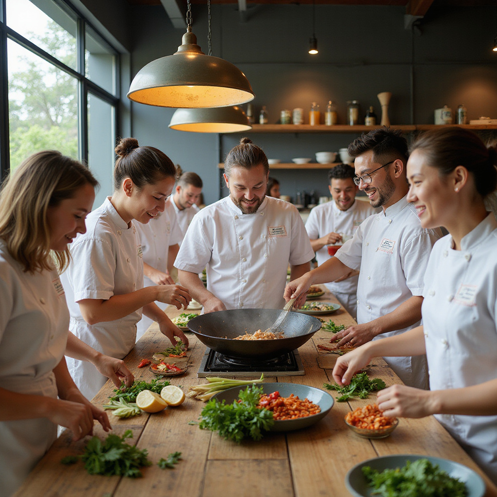 Grupa ludzi gotująca w szkole kulinarnej w Chiang Mai, uśmiechnięci i zaangażowani w naukę