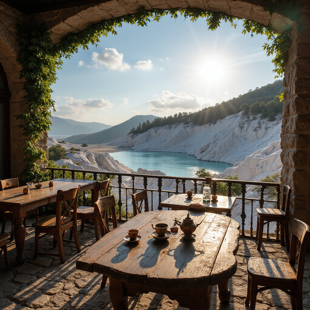 kahvehane w Pamukkale z widokiem na trawertyny, drewniane stoliki, lokalna atmosfera
