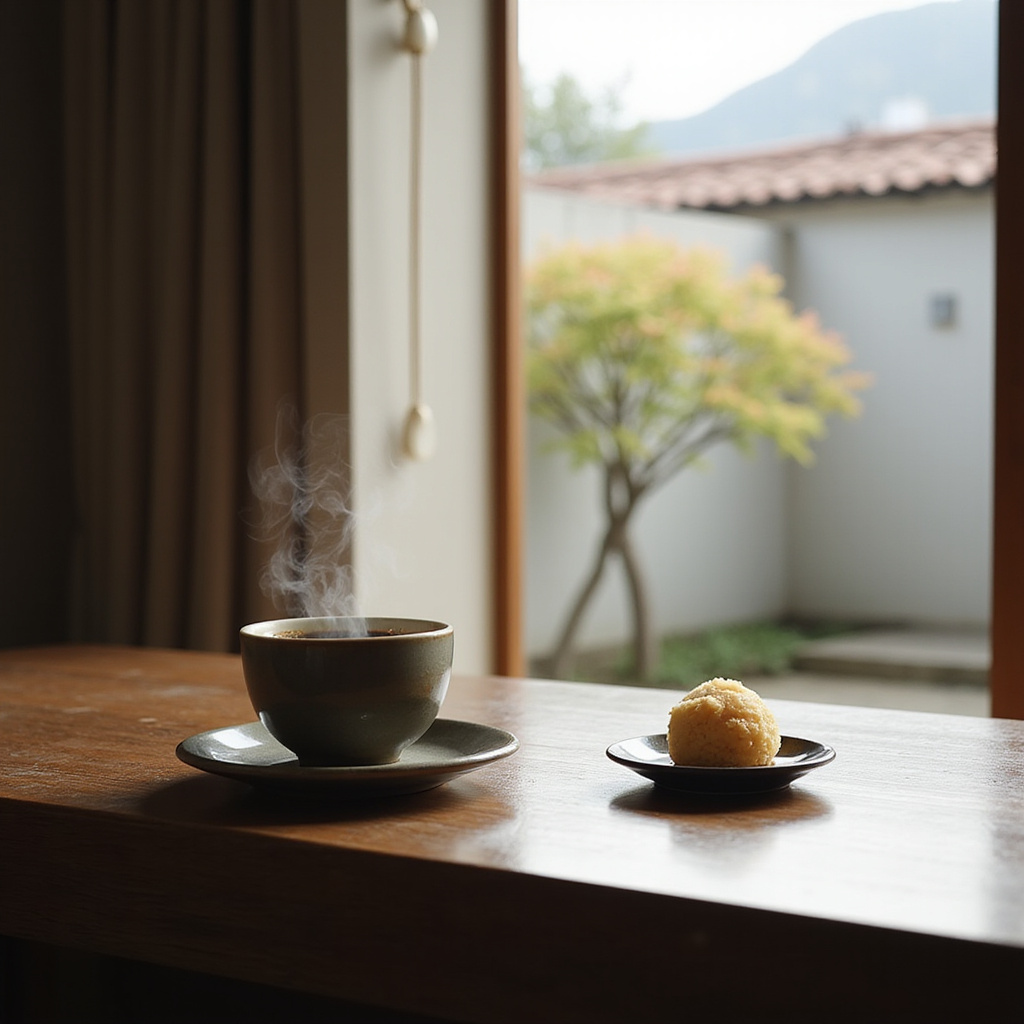 Wnętrze kawiarni w Hiroszimie z filiżanką kawy i wagashi