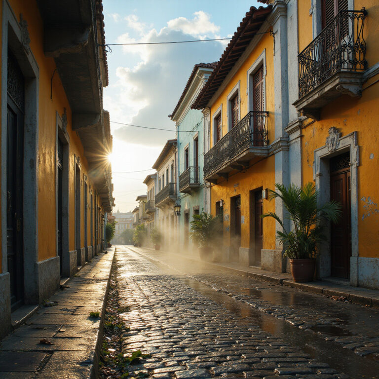 Ulica w Santo Domingo z kolonialnymi budynkami i brukowaną nawierzchnią