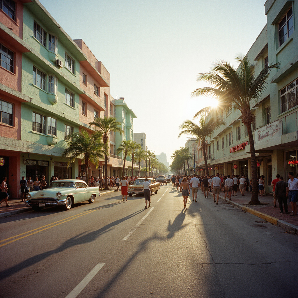 Ulica w Miami z kolorowymi budynkami Art Deco, tętniąca życiem i historią