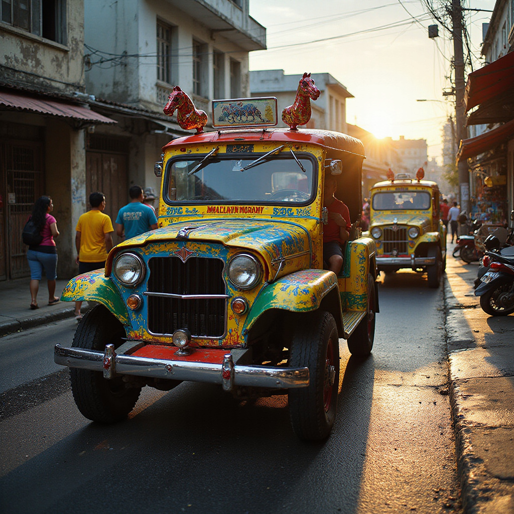 Uliczka w Manili z kolorowymi jeepney - symbol transportu i kultury Filipin