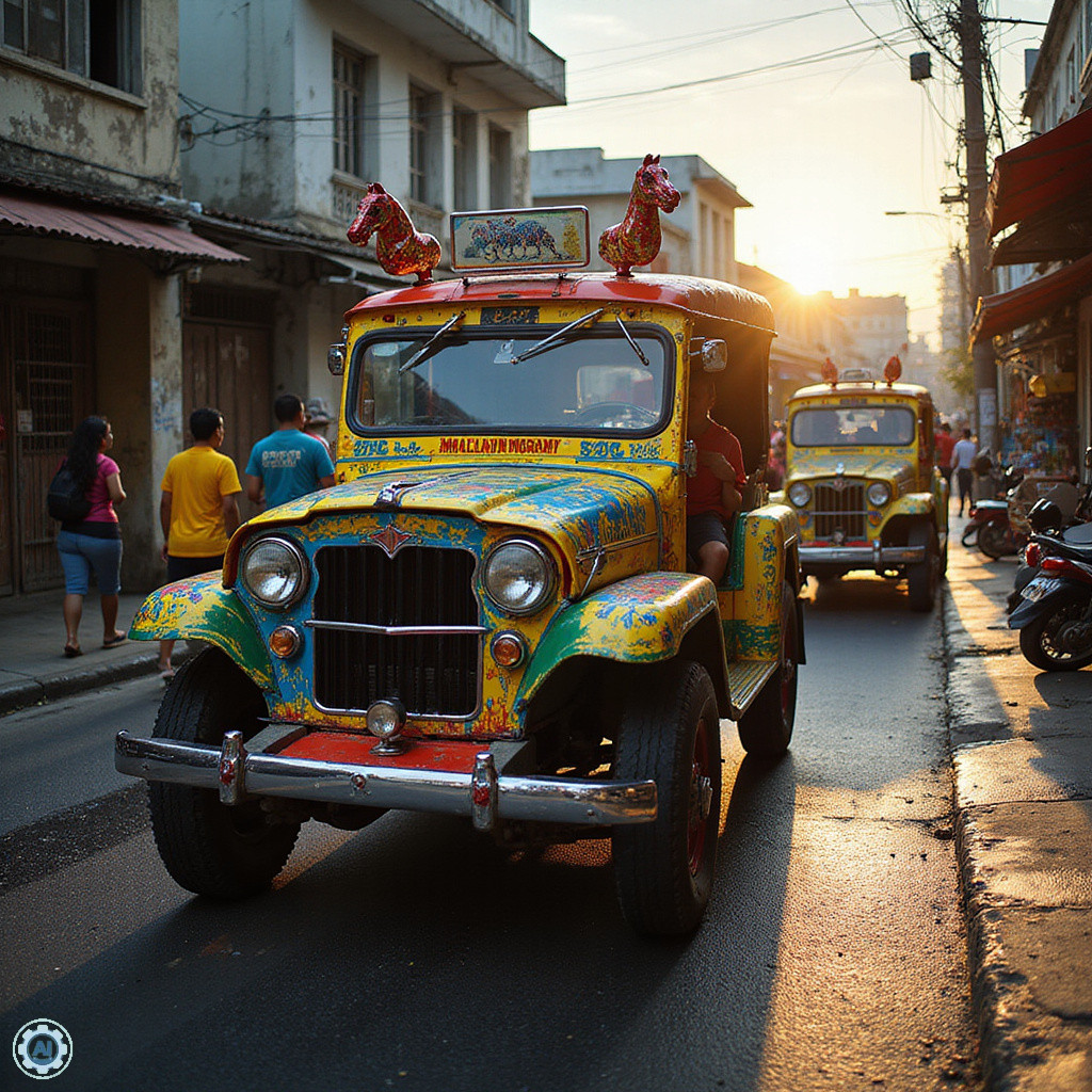 Uliczka w Manili z kolorowymi jeepney - symbol transportu i kultury Filipin