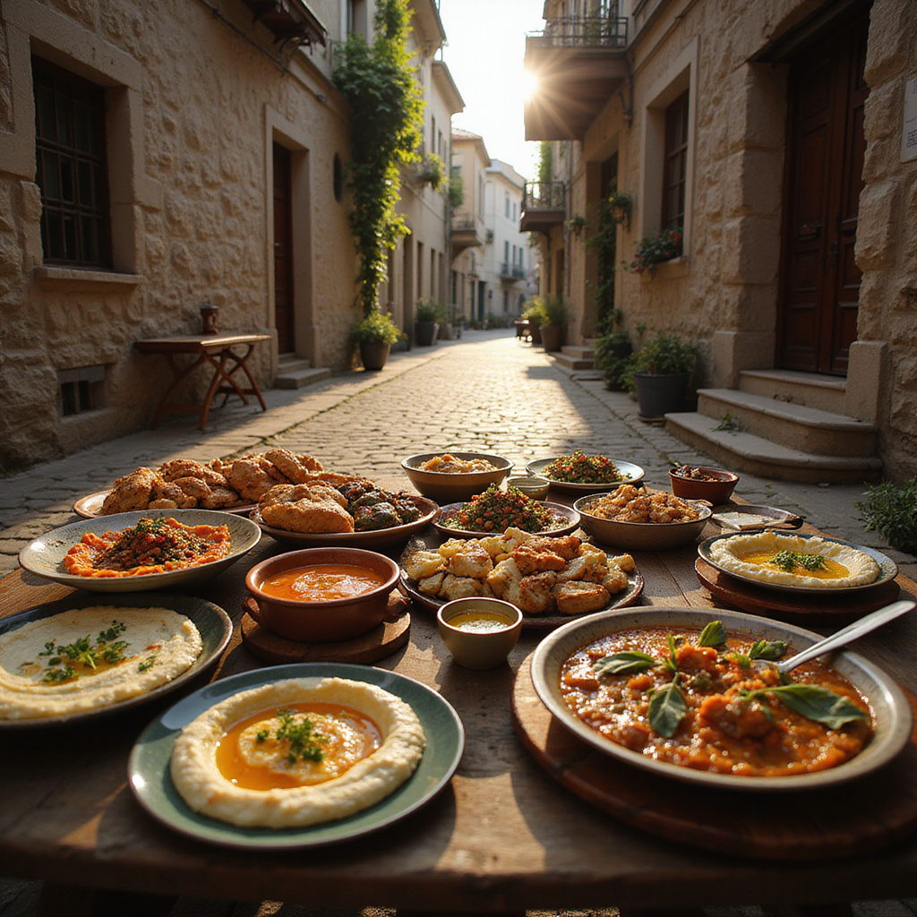 Kolorowe przystawki mezze wśród kamienic tureckiego miasta