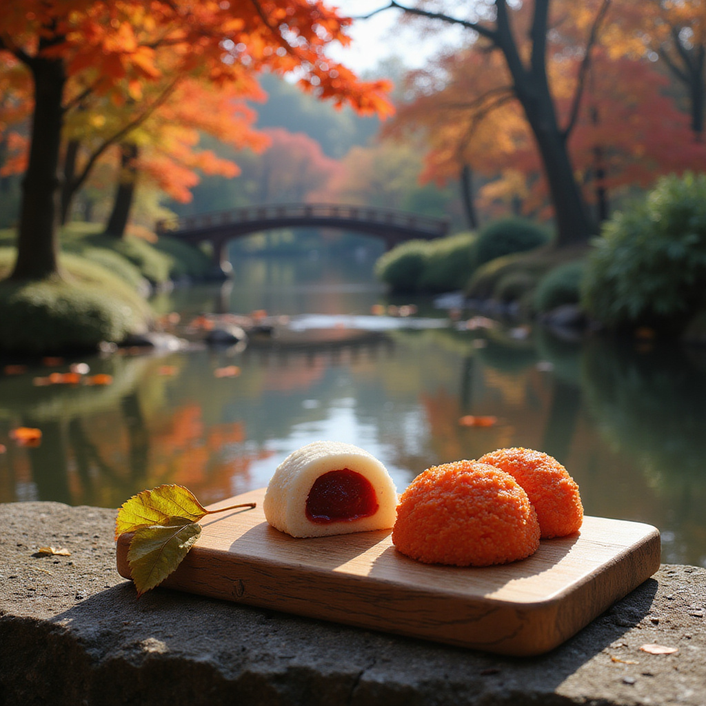 Kolorowe wagashi na drewnianej desce z widokiem na park