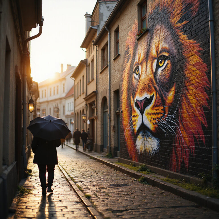 Ulica w Dyneburgu z muralem przedstawiającym kolorowego lwa