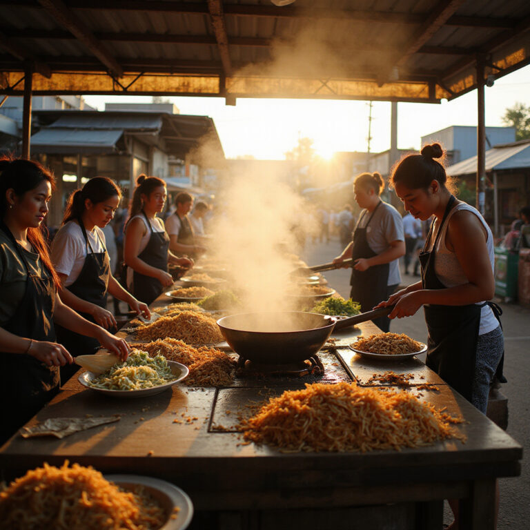 Uczestnicy kursu gotowania w Ayutthaya przygotowujący pad thai na targu z lokalnymi produktami