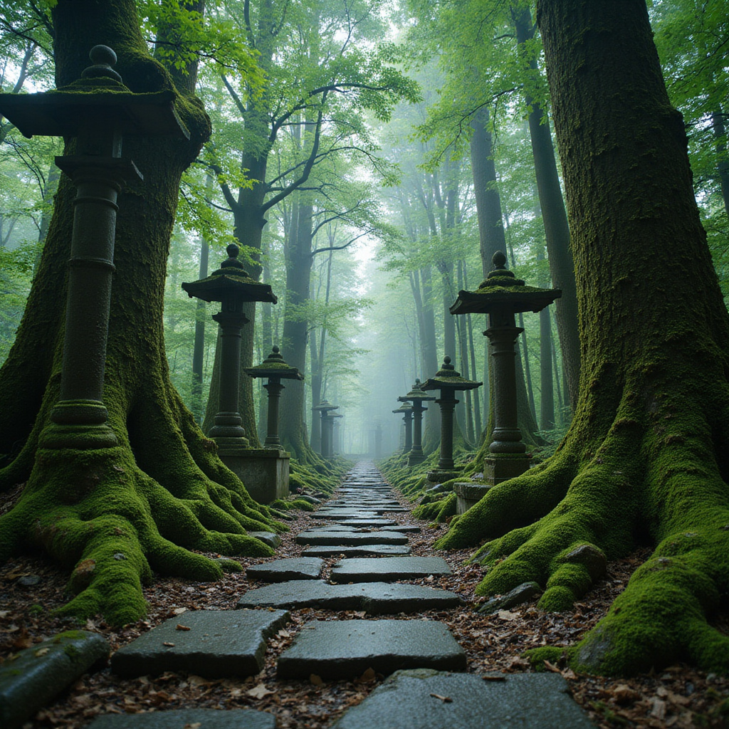 Ścieżka Kasugayama w Narze otoczona tysiącletnimi cedrami i kamiennymi latarniami