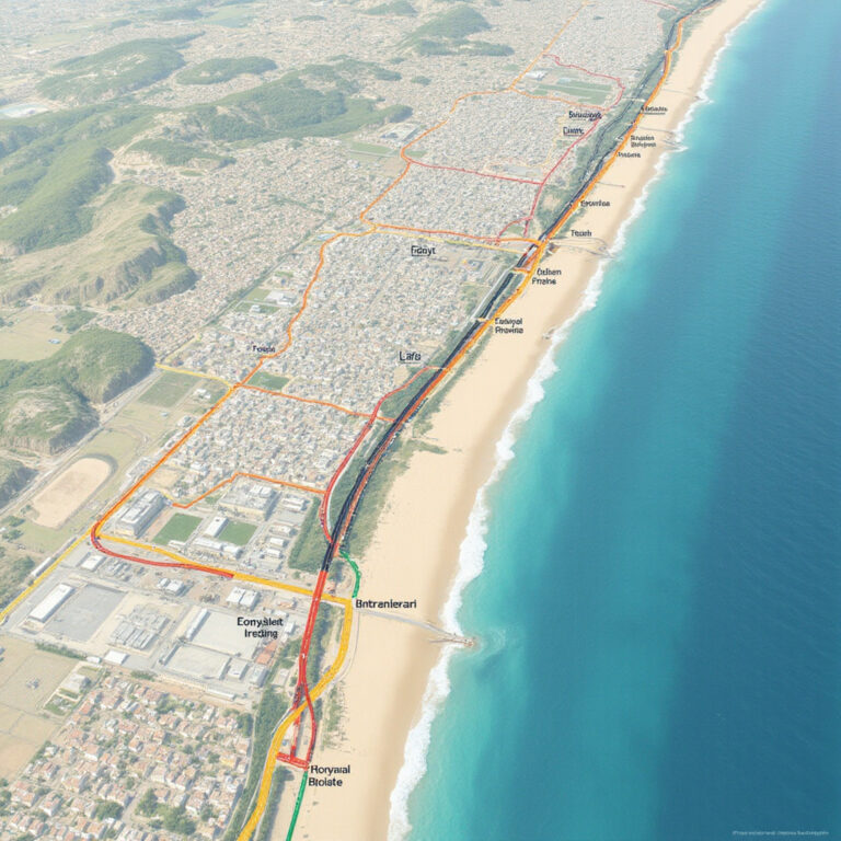 Mapa plaż Konyaaltı i Lara z zaznaczonymi liniami transportu publicznego