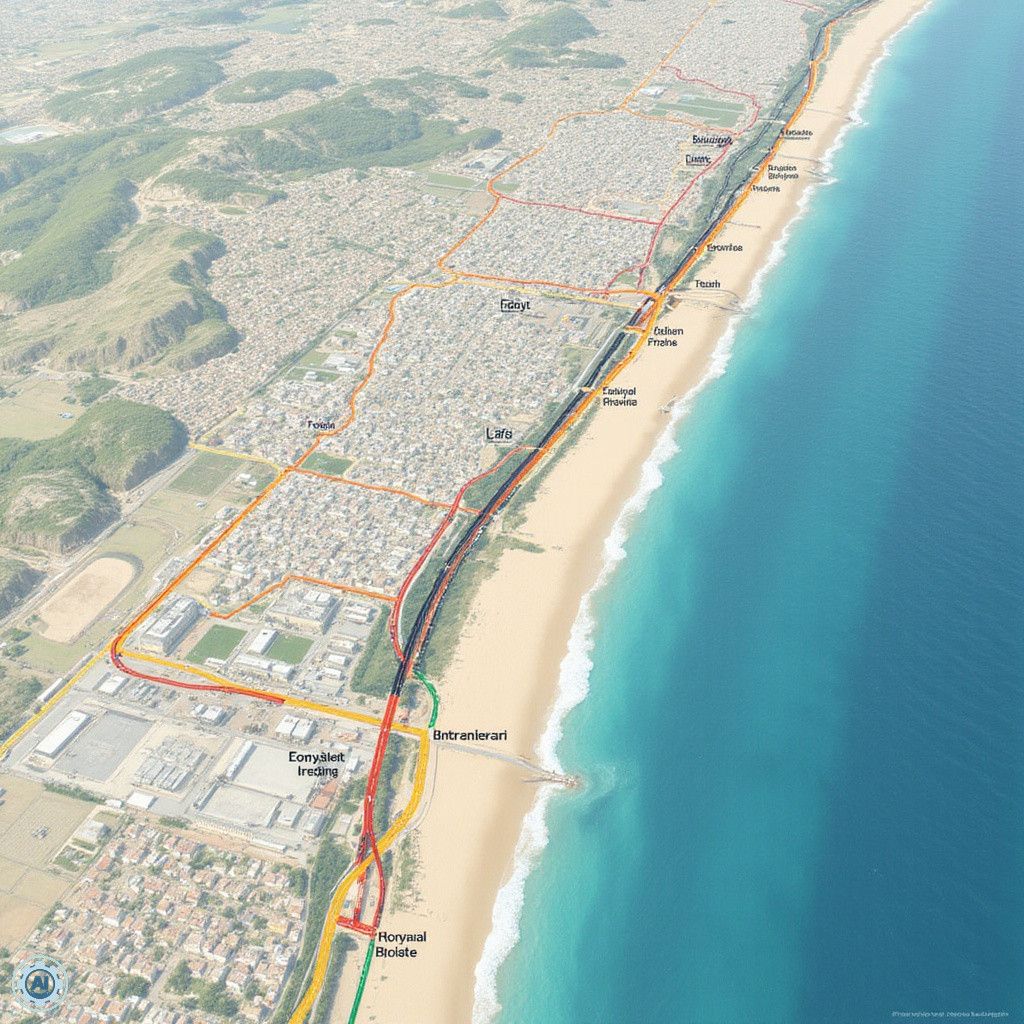Mapa plaż Konyaaltı i Lara z zaznaczonymi liniami transportu publicznego
