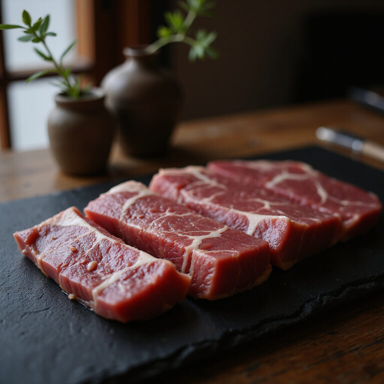 Marmurkowata wołowina Kobe beef na talerzu w tradycyjnej japońskiej restauracji