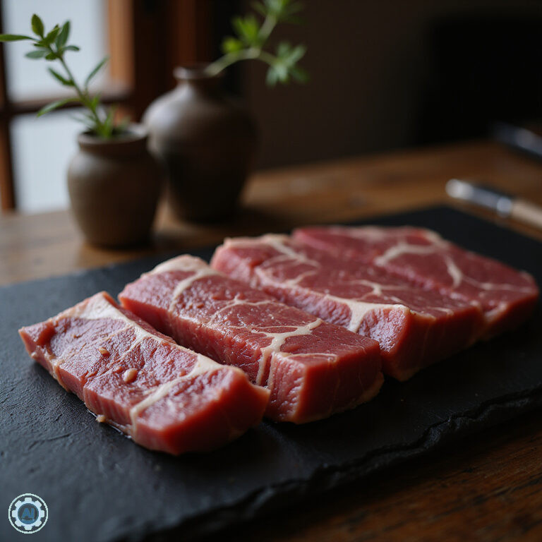 Marmurkowata wołowina Kobe beef na talerzu w tradycyjnej japońskiej restauracji