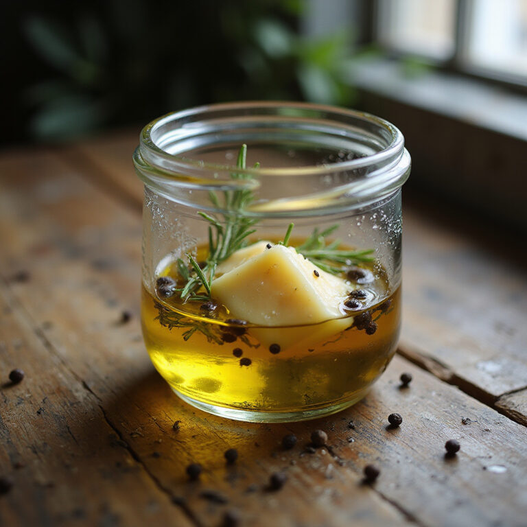 marynowany hermelín w słoiku z ziołami i oliwą