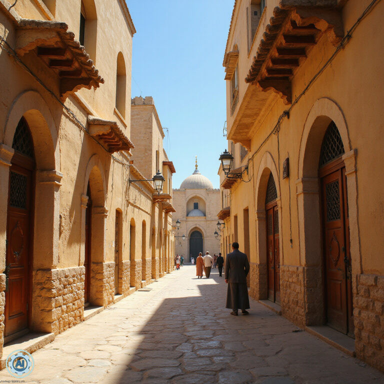 Ulica w Kairouan z widocznym Meczetem Wielkim w tle, tunezyjska architektura islamu
