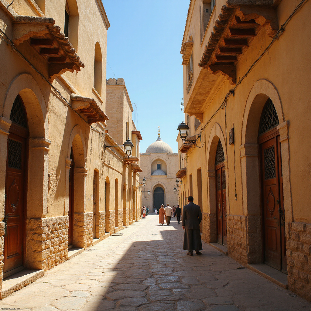 Ulica w Kairouan z widocznym Meczetem Wielkim w tle, tunezyjska architektura islamu