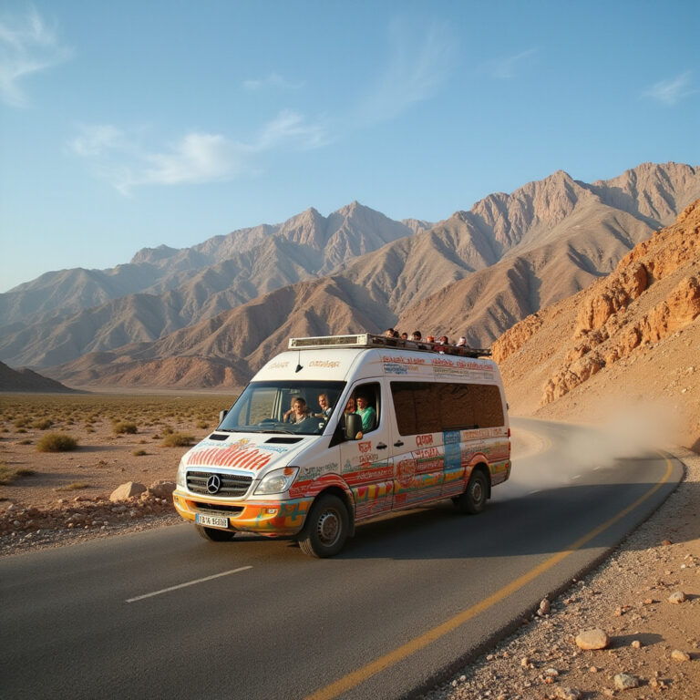 Minivan louage na tunezyjskiej drodze z widokiem na góry Atlas