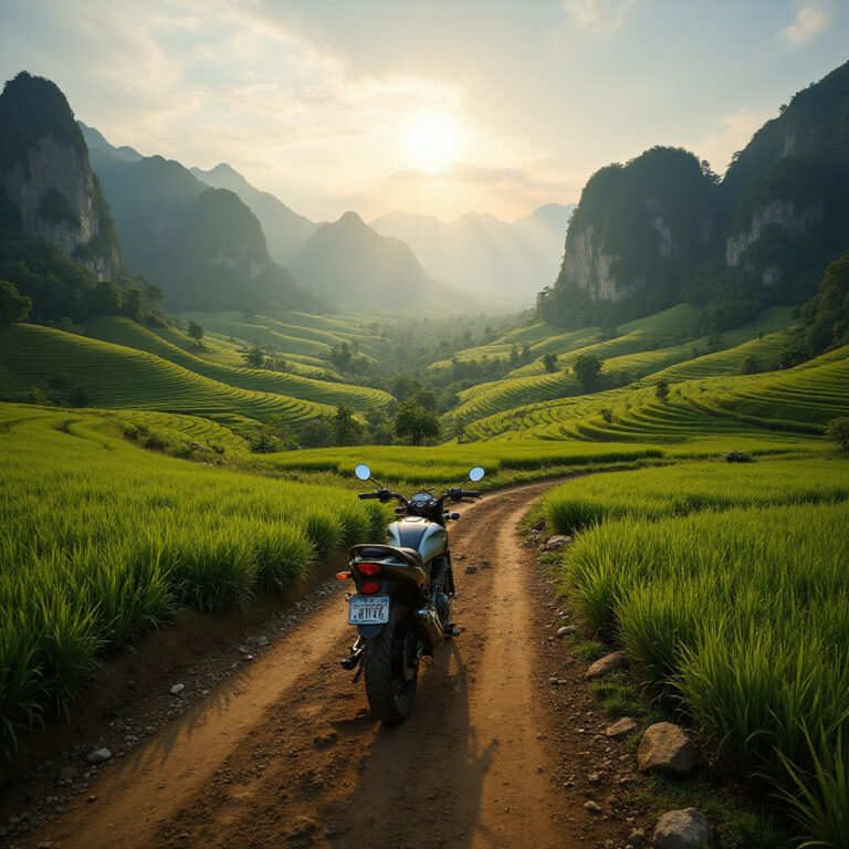 Motocykl na wiejskiej drodze wokół Hue z widokiem na pola ryżowe - trasa off-road i krajobrazy Wietnamu