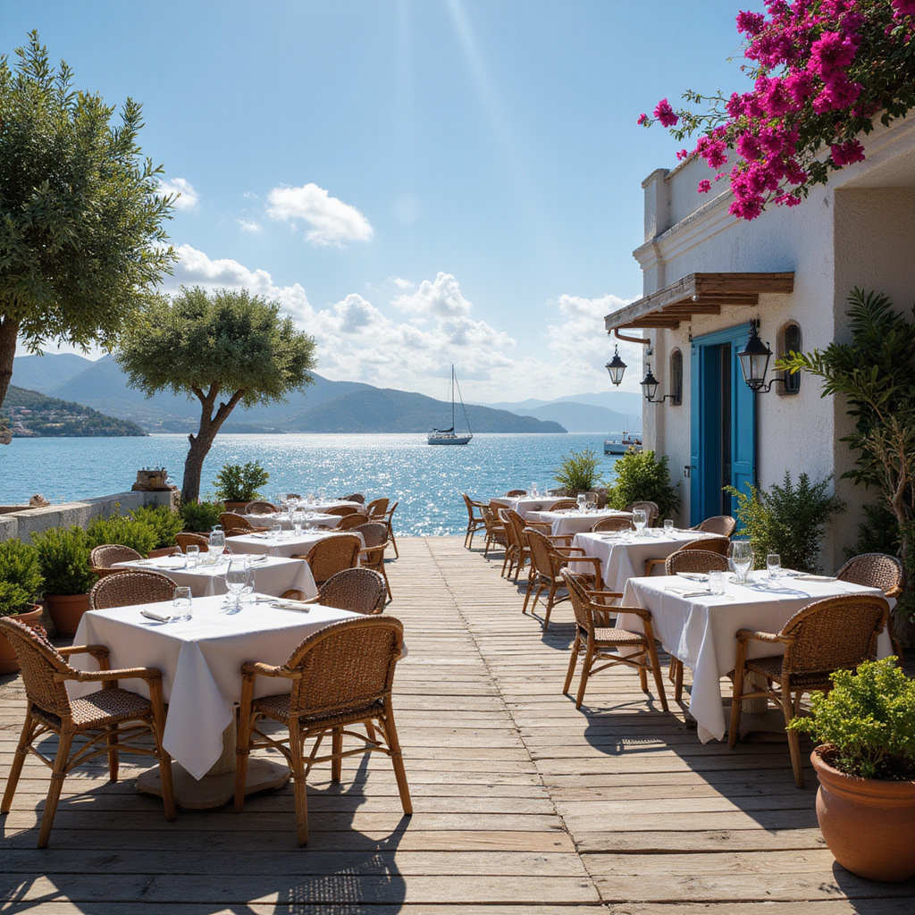 Nadmorska restauracja w Izmirze z widokiem na zatokę, stoliki na świeżym powietrzu