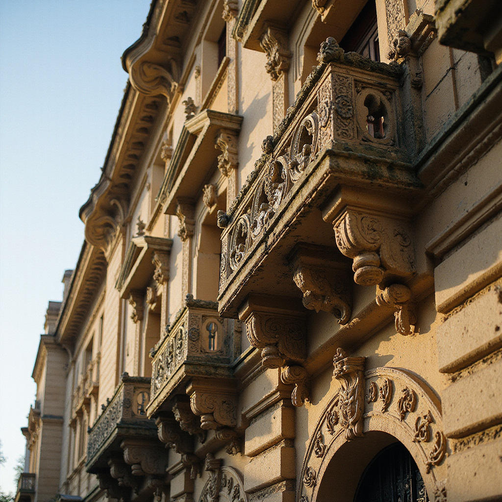 Detal architektoniczny z neokolonialnymi zdobieniami i symbolami