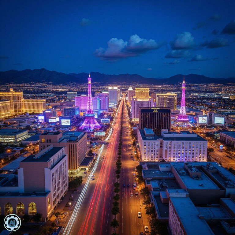 Widok na Las Vegas Strip z High Roller – nocna panorama miasta z neonami i światłami