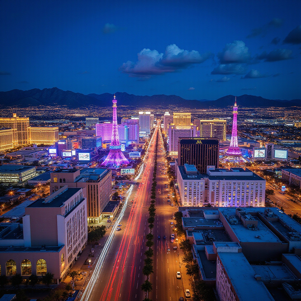 Widok na Las Vegas Strip z High Roller – nocna panorama miasta z neonami i światłami