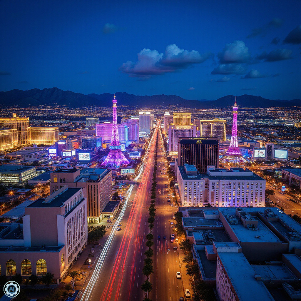 Widok na Las Vegas Strip z High Roller – nocna panorama miasta z neonami i światłami