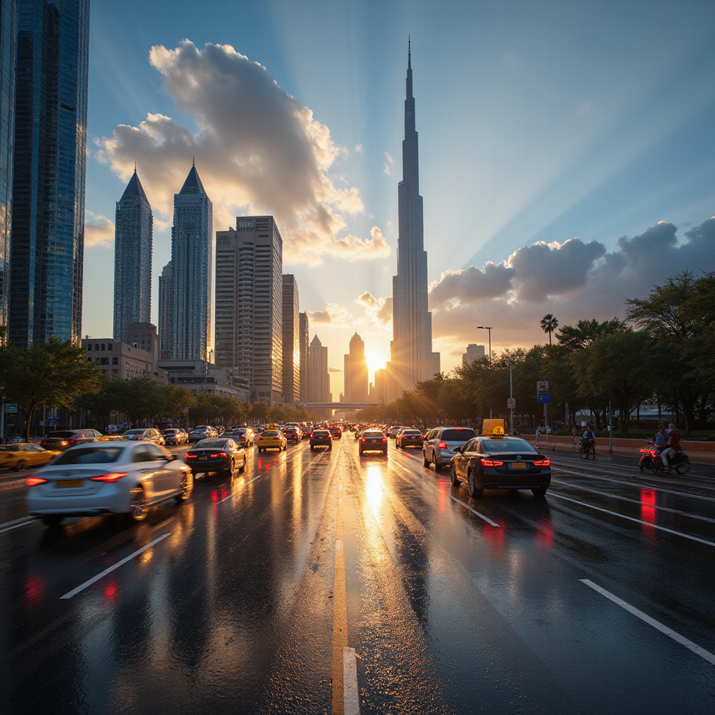 Widok na ulicę w Dubaju z nowoczesnymi wieżowcami w tle