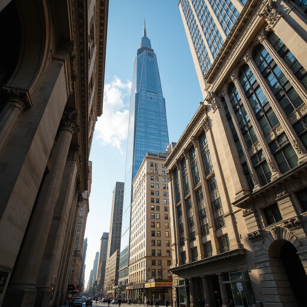 Nowoczesne wieżowce Nowego Jorku kontrastujące z zabytkową architekturą, symbol kultury USA