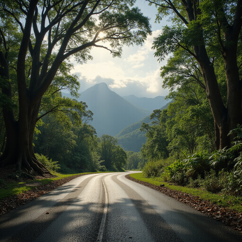 Ulica w okolicach Lamington National Park z zielenią i górskim krajobrazem w tle