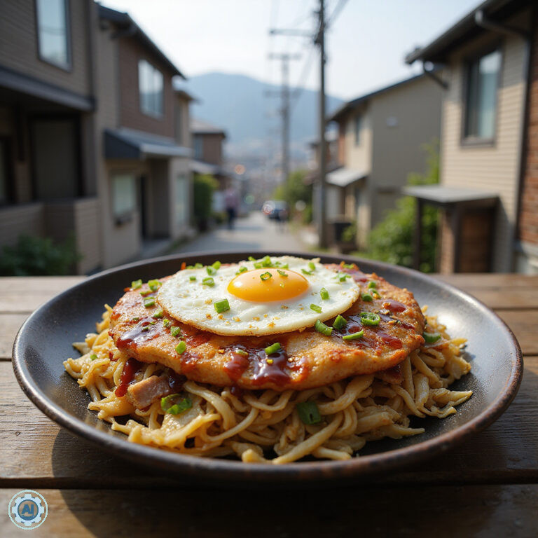 Okonomiyaki Hiroshima-style na talerzu z widokiem na ulice Hiroszimy