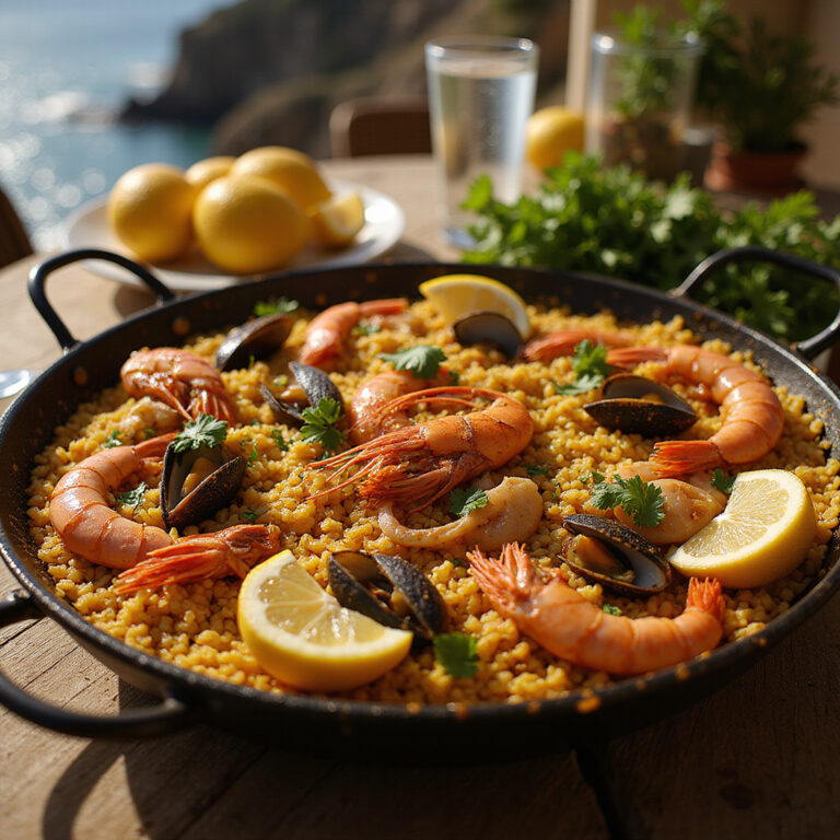 paella mallorquina na patelni z owocami morza i szafranem