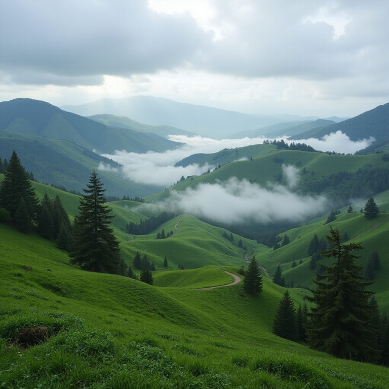 Widok na zielone wzgórza Baguio otoczone mgłą, idealne na trekking i relaks