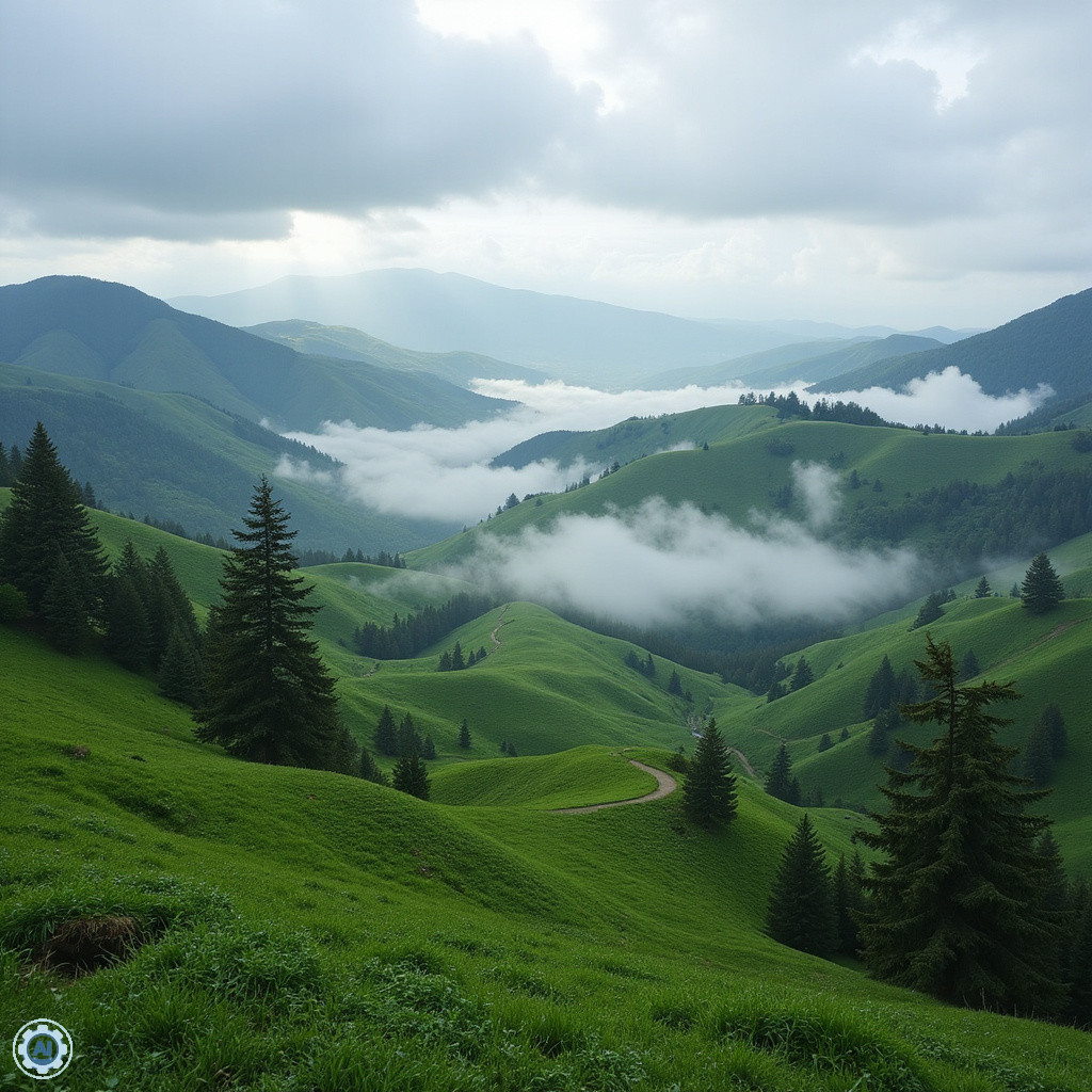 Widok na zielone wzgórza Baguio otoczone mgłą, idealne na trekking i relaks