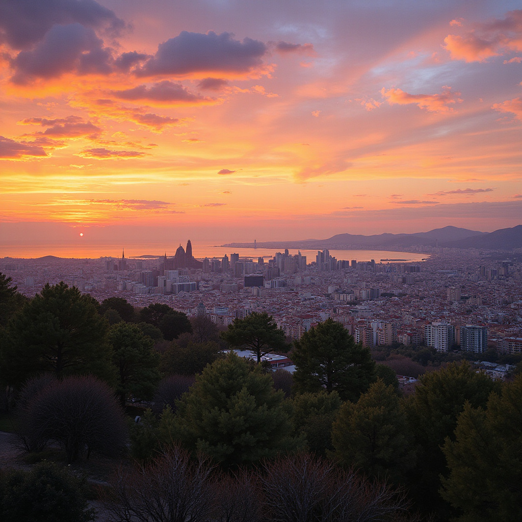 Panorama Barcelony z darmowej strefy Parku Güell o zachodzie słońca