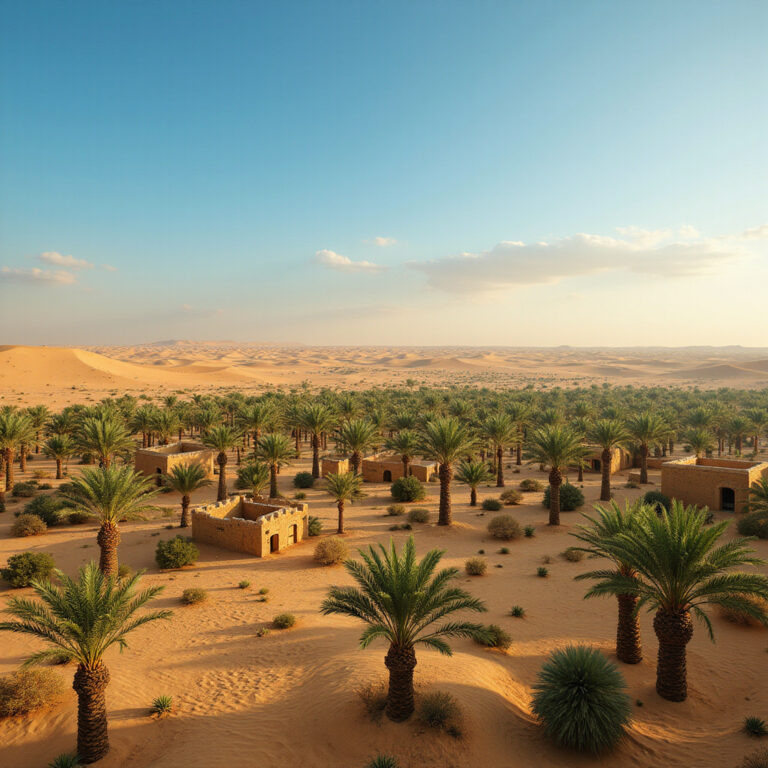 Widok na oazę Siwa otoczoną palmami i piaskami pustyni