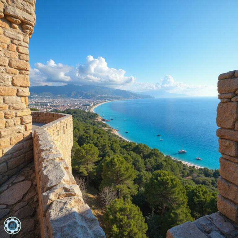Widok na zatokę Palma de Mallorca z murów zamku Bellver, średniowieczna architektura i błękitne niebo