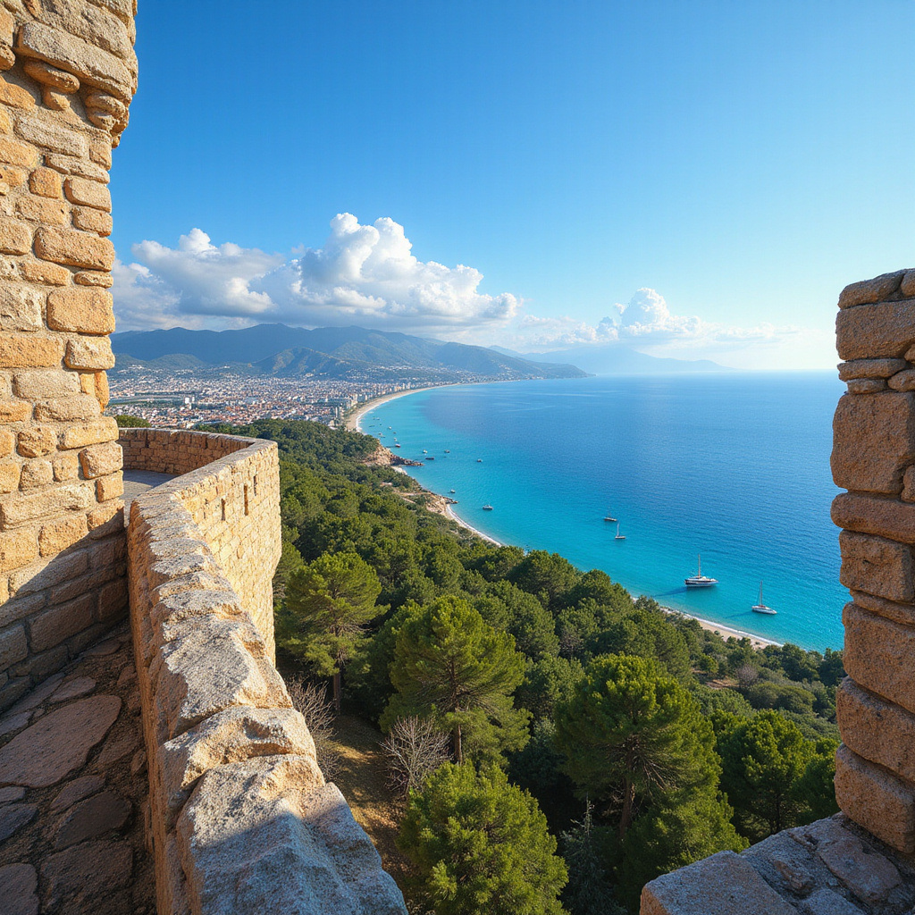 Widok na zatokę Palma de Mallorca z murów zamku Bellver, średniowieczna architektura i błękitne niebo