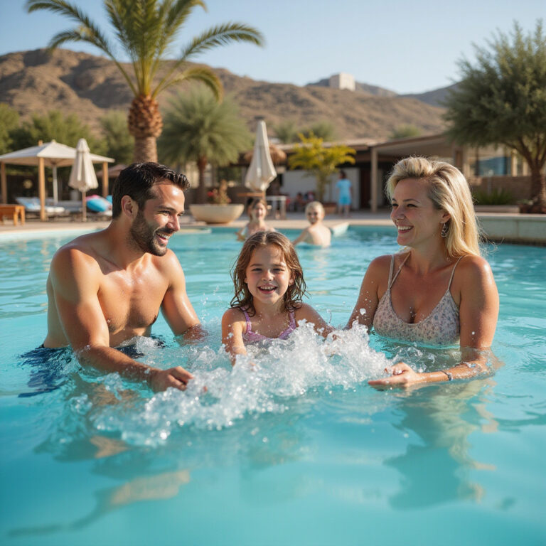 Rodzina bawiąca się w parku wodnym w Protaras, słoneczna pogoda, radosne chwile