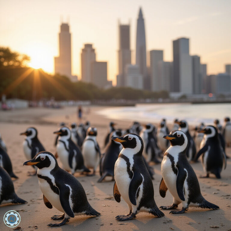 małe pingwiny na plaży St Kilda w otoczeniu wieżowców Melbourne